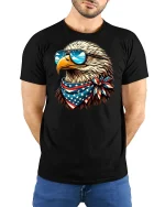 Patriotic Bald Eagle Graphic Tee With Sunglasses And American Pride - model wearing black tee with hands behind back