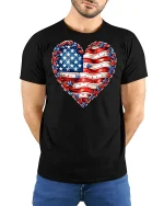 American Flag Heart Graphic Tee With Patriotic Love Style - model wearing black tee with hands behind back