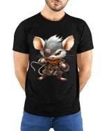 Cute Warrior Mouse Fantasy Character Art Graphic Tee Shirt - model wearing black tee with hands behind back