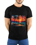 Summer Vibes Tropical Sunset Beach Art Graphic Tee Shirt - model wearing black tee with hands behind back