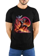 Spartan Warrior Fire Battle Epic Greek Mythology Art Tee - model wearing black tee with hands behind back
