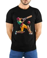 Epic Cricket Power Shot Action Illustration Sports Graphic Tee - model wearing black tee with hands behind back