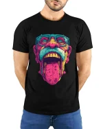 Trippy Wild Face Pop Art Graphic Tee With Bold Neon Energy - model wearing black tee with hands behind back