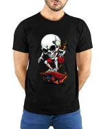 Flaming Skull Skater Graphic Tee With Hardcore Street Attitude - model wearing black tee with hands behind back