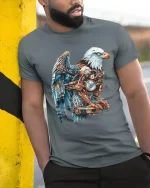 Steampunk Mechanical Eagle Art Graphic Tee Shirt Design - model wearing grey tee, leaning on column
