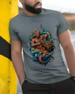 Mythic Monkey King Dragon Battle Graphic Tee With Legendary Power - model wearing grey tee, leaning on column