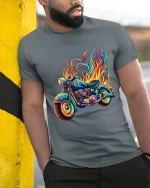 Flaming Neon Motorcycle Graphic Tee With Psychedelic Street Art - model wearing grey tee, leaning on column