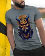 Dark Tribal Demon Skull Graphic Tee With Ancient Cyber Energy - model wearing grey tee, leaning on column