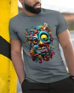 Colorful Abstract Face Graphic Tee With Bold Urban Art Energy - model wearing grey tee, leaning on column