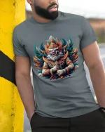 Mythic Guardian Deity Graphic Tee With Powerful Fantasy Art Style - model wearing grey tee, leaning on column