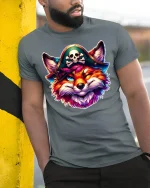 Pirate Fox Graphic Tee With Colorful Mischief And Bold Fantasy Art - model wearing grey tee, leaning on column