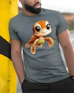 Cute Baby Sea Turtle Graphic Tee With Smiling Ocean Charm - model wearing grey tee, leaning on column