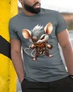 Cute Warrior Mouse Fantasy Character Art Graphic Tee Shirt - model wearing grey tee, leaning on column