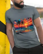 Summer Vibes Tropical Sunset Beach Art Graphic Tee Shirt - model wearing grey tee, leaning on column