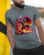 Spartan Warrior Fire Battle Epic Greek Mythology Art Tee - model wearing grey tee, leaning on column