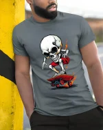 Flaming Skull Skater Graphic Tee With Hardcore Street Attitude - model wearing grey tee, leaning on column