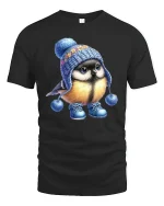 Cute Winter Bird Tee With Cozy Knit Hat Wholesome Art Style - black t-shirt on white background