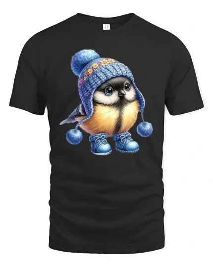 Cute Winter Bird Tee With Cozy Knit Hat Wholesome Art Style - black t-shirt on white background