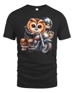 Cute Biker Owl Family Tee Funny Motorcycle Riding Owl Cartoon Art - black t-shirt on white background