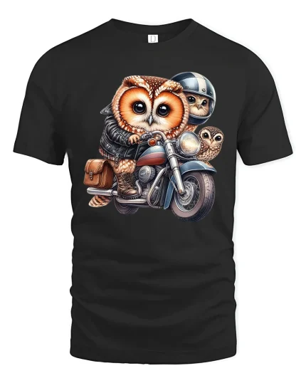 Cute Biker Owl Family Tee Funny Motorcycle Riding Owl Cartoon Art - black t-shirt on white background