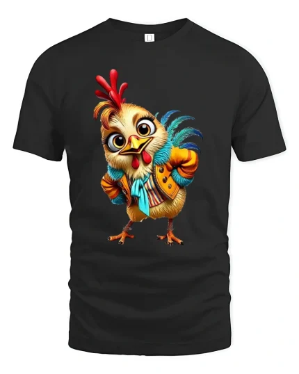 Funny Fashion Chicken Tee Cute Rooster Cartoon Character Style Art - black t-shirt on white background