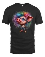 Funny Punk Pig Tee Colorful Rebel Pig With Rainbow Hair Art - black t-shirt on white background