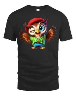 Funny Winking Owl Tee Cute Cartoon Owl With Hat And Wings Art - black t-shirt on white background