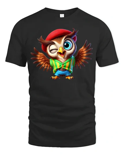 Funny Winking Owl Tee Cute Cartoon Owl With Hat And Wings Art - black t-shirt on white background