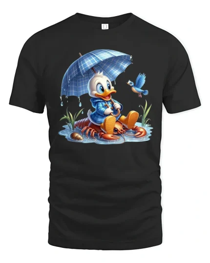 Cute Duck Under Umbrella Tee Adorable Rainy Day Cartoon Art - black t-shirt on white background