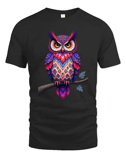 Colorful Tribal Owl Tee Mystical Patterned Owl Art Illustration - black t-shirt on white background