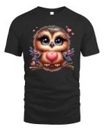 Cute Owl Love Tee Big Eyes Owl Holding Heart Sweet Art Design - black t-shirt on white background