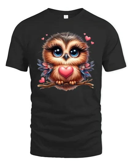 Cute Owl Love Tee Big Eyes Owl Holding Heart Sweet Art Design - black t-shirt on white background