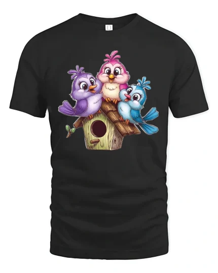 Cute Bird Family Tee Colorful Baby Birds Sitting On Cozy Birdhouse - black t-shirt on white background