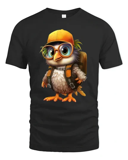 Cute Explorer Bird Tee Adorable Cartoon Bird With Backpack Art - black t-shirt on white background
