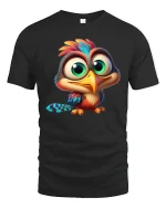 Cute Big Eyed Baby Bird Tee Colorful Cartoon Animal Art Style - black t-shirt on white background