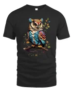 Colorful Owl Tee Artistic Feathered Owl Illustration Nature Art - black t-shirt on white background