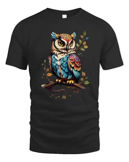 Colorful Owl Tee Artistic Feathered Owl Illustration Nature Art - black t-shirt on white background