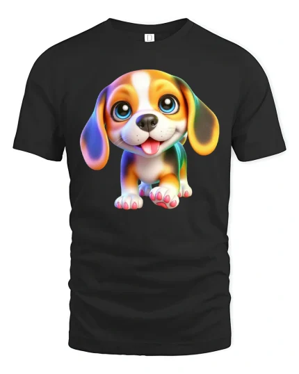 Cute Puppy Tee Adorable Smiling Dog Illustration With Big Eyes - black t-shirt on white background