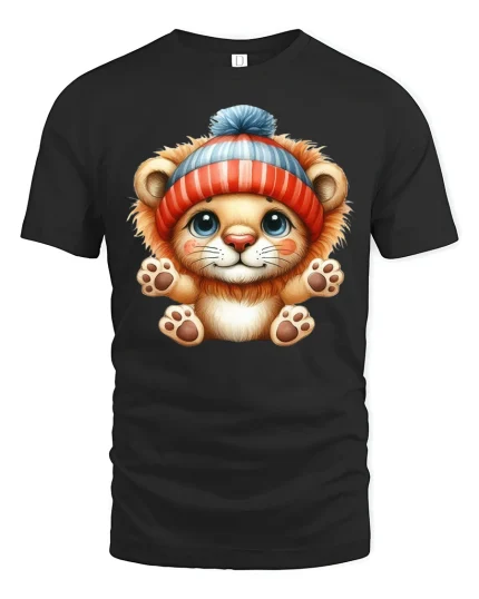 Cute Bear Cub Tee Adorable Winter Hat Bear Illustration Design - black t-shirt on white background