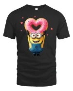 Funny Yellow Cartoon Tee Cute Character Holding Heart Donut Art - black t-shirt on white background