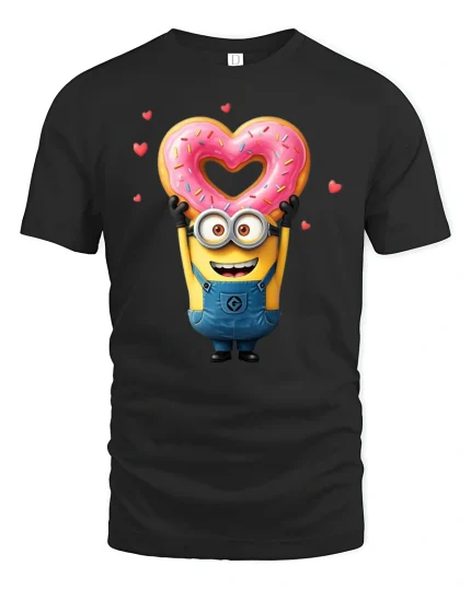 Funny Yellow Cartoon Tee Cute Character Holding Heart Donut Art - black t-shirt on white background