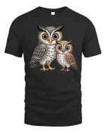 Cute Owl Family Tee Big Eyed Parent And Baby Cartoon Art - black t-shirt on white background
