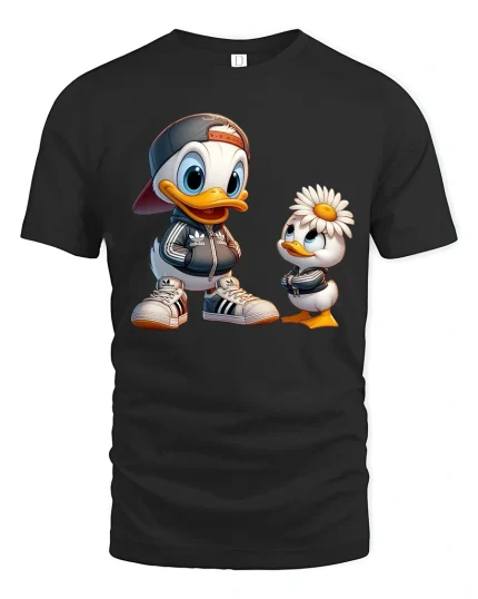 Cute Cartoon Duck Duo Tee Playful Street Style Bird Art - black t-shirt on white background