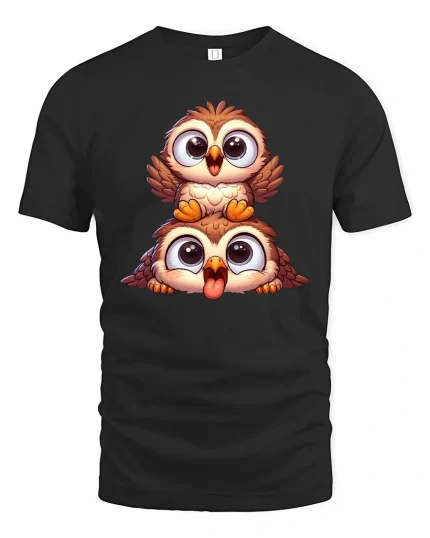 Cute Stacked Baby Owls Tee Adorable Cartoon Bird Art Design - black t-shirt on white background