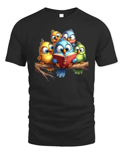 Cute Reading Birds Tee Adorable Cartoon Owls Story Time Art - black t-shirt on white background
