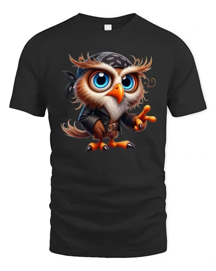 Cool Rebel Owl Tee Funny Cute Bird With Bandana And Leather Style - black t-shirt on white background