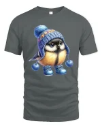 Cute Winter Bird Tee With Cozy Knit Hat Wholesome Art Style - gray t-shirt on white background