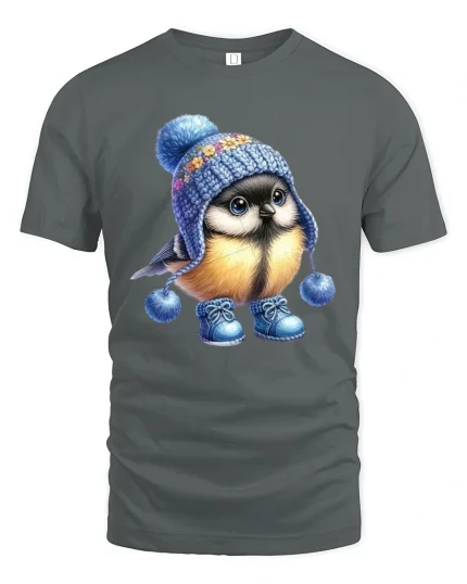 Cute Winter Bird Tee With Cozy Knit Hat Wholesome Art Style - gray t-shirt on white background