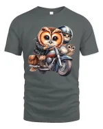 Cute Biker Owl Family Tee Funny Motorcycle Riding Owl Cartoon Art - gray t-shirt on white background