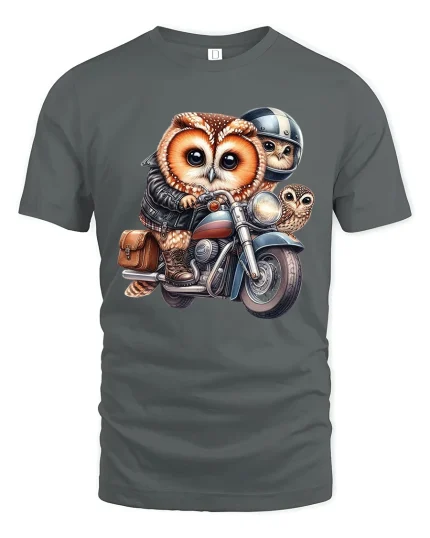 Cute Biker Owl Family Tee Funny Motorcycle Riding Owl Cartoon Art - gray t-shirt on white background